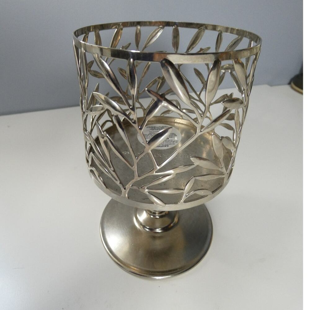 Bath & Body Works Silver Large 3 Wick Candle Pedestal Holder Decorative Leaves - Picture 2 of 4